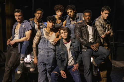 A group of eight young people, dressed in casual, rugged clothing, are posing together in front of a car in a dimly lit setting. Some are wearing denim jackets and overalls, while others sport leather jackets and plaid shirts. They all have serious or neutral expressions, embodying a tough, united group. The background is dark, highlighting the characters and their attire.