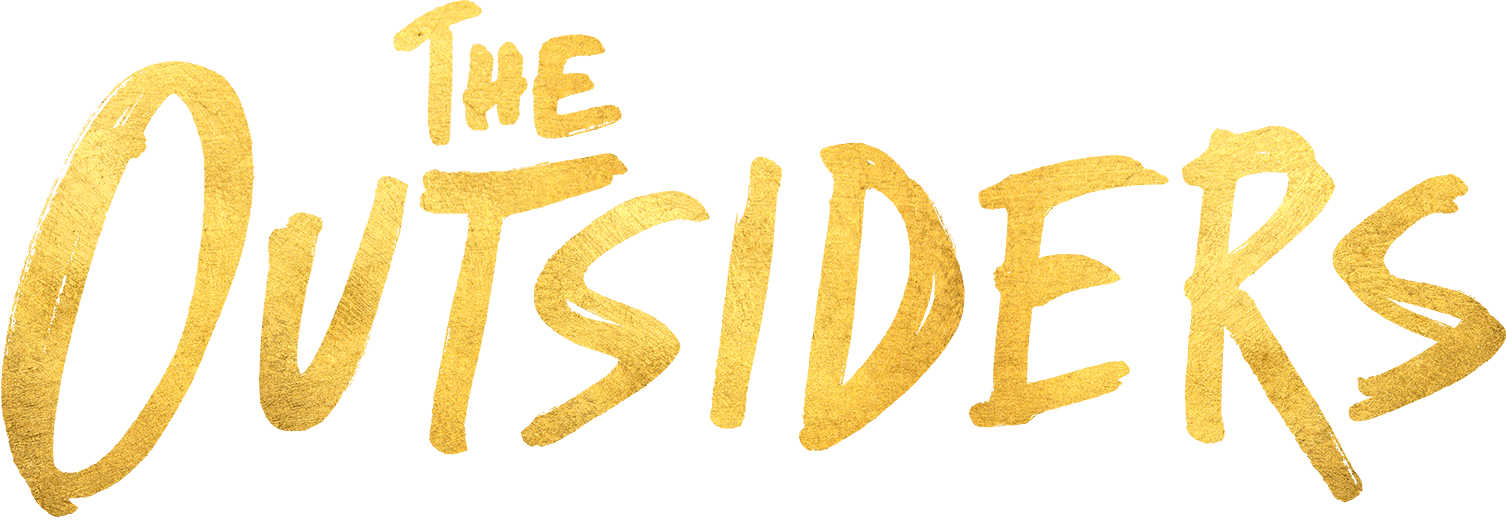 The image shows the words The Outsiders written in bold, gold, brushstroke-style lettering on a white background.