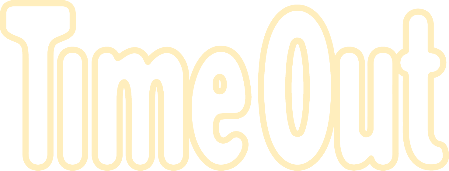 The image displays the words Time Out in large, rounded, yellow outline letters on a light background.